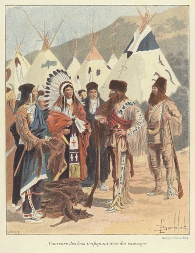 Tramperos comerciando con nativos americanos, Nueva Francia de Louis Charles Bombled